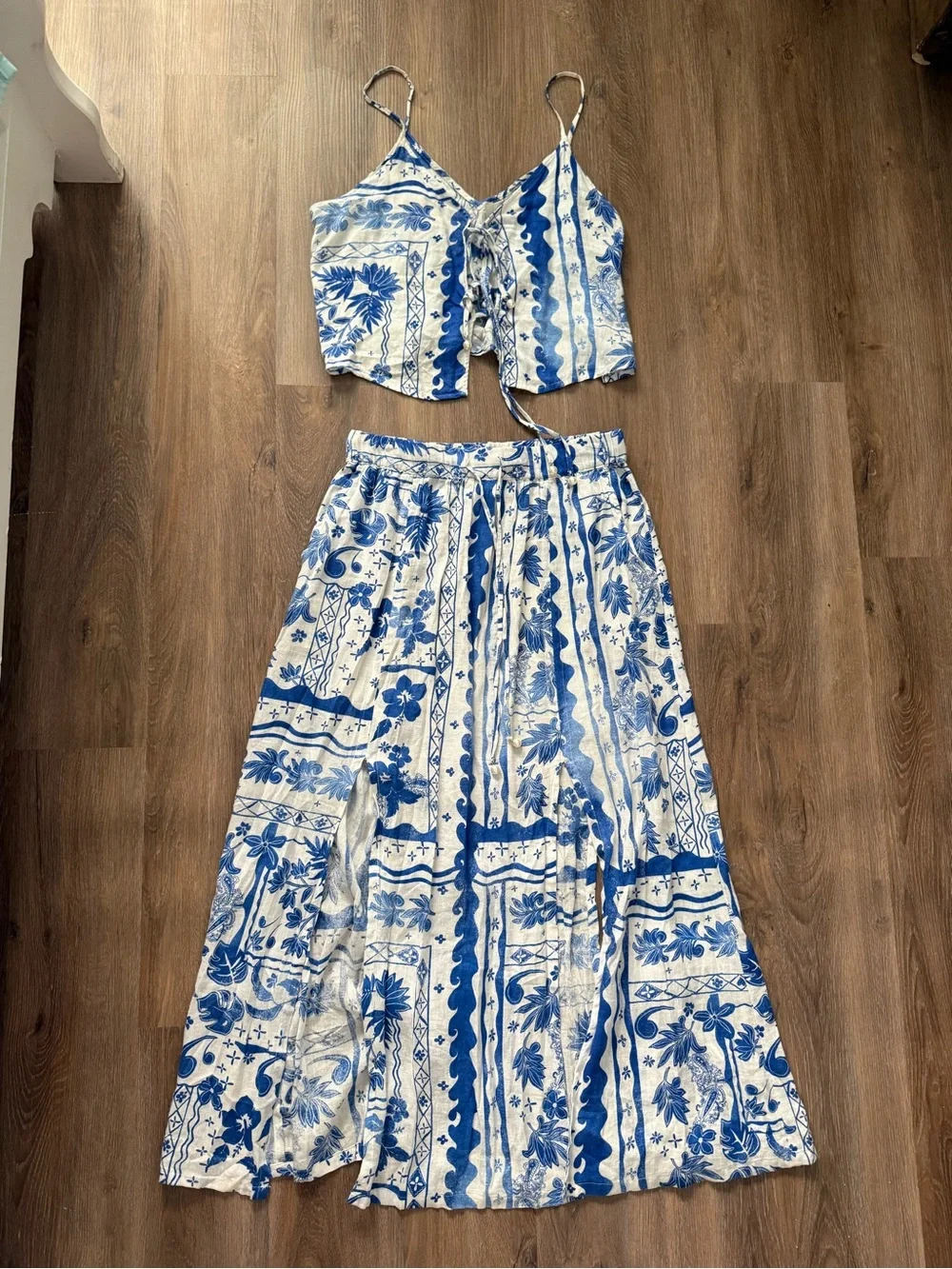 Joie Blue and White Floral Tie-Front Crop Top and Maxi Skirt Set
